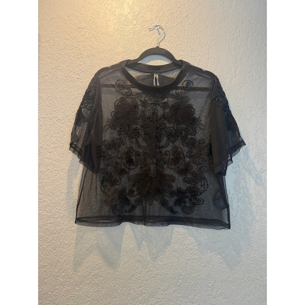 Anthropologie Black Sheer Mesh Embroidered Beaded Floral Crop Top Small